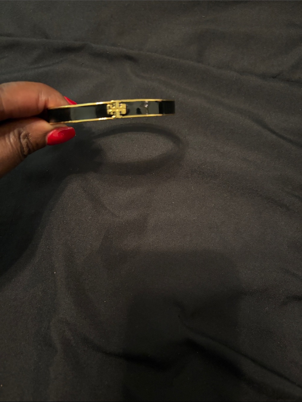 Tory Burch Black and Gold Logo Enamel Bangle
